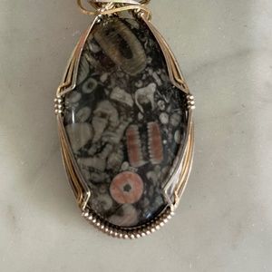 Pendant with Fossil-Filled stone in Wire-Wrapped Sterling and Gold-filled Wire